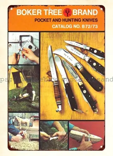 Placa de metal com estampa de pôsteres online de 1972 da marca Boker Tree, com facas de bolso e de caça