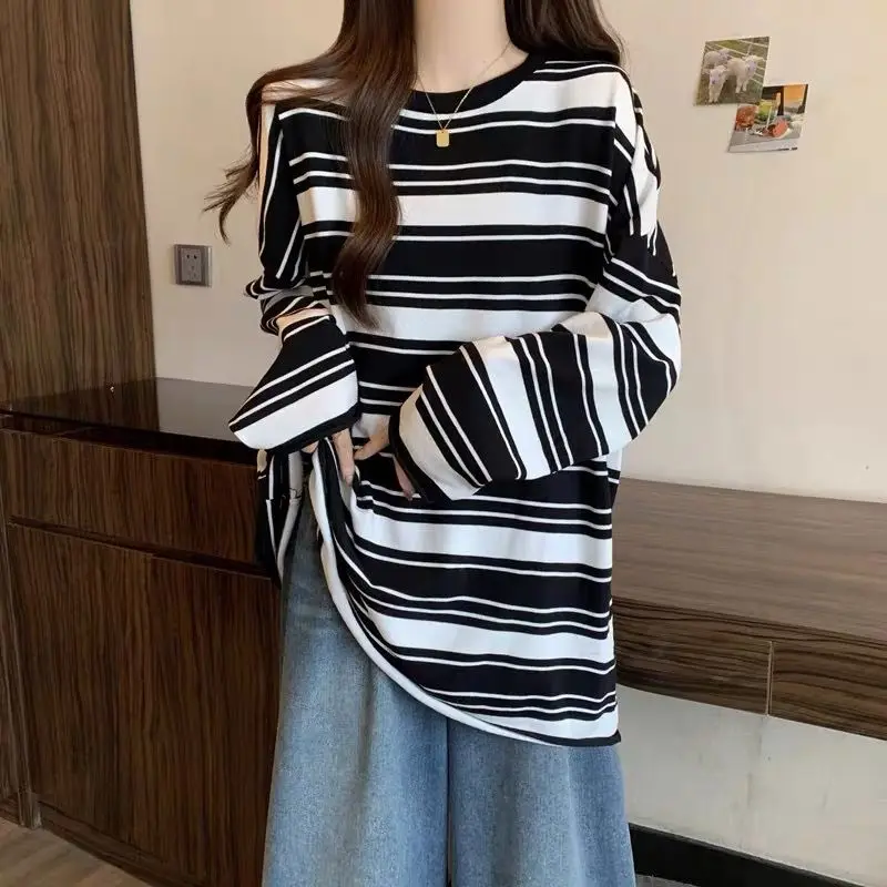 Long Sleeve Casual Femme T-Shirts Autumn Winter Striped Simplicity Undercoat Office Lady Tops Simplicity Women's Clothing 2023