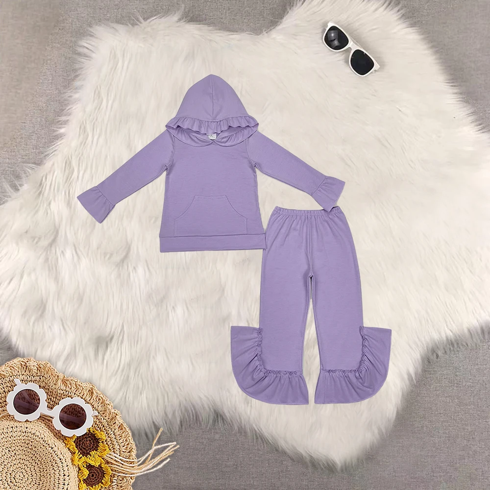 

9.27 Kids Winter Clothes For Girls Baby Girls Lavender Hooded Ruffle Top Bell Pants Clothes Sets