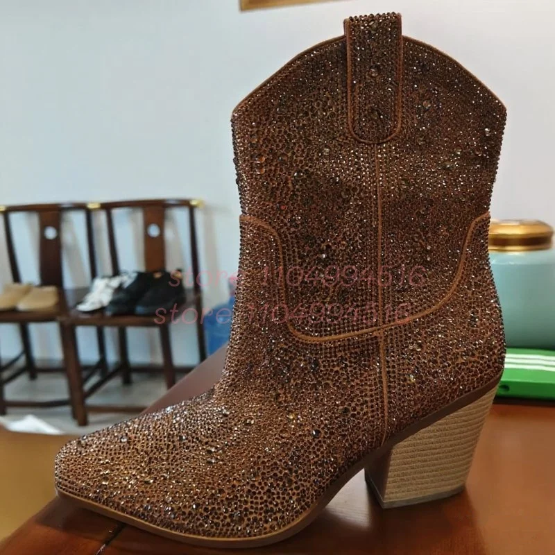 

Brown Pointed Bling Shiny Chunky Heels Women Rhinestone Zipper Vintage Western Ankle Boots Lady Fashion Elegant Party Boots 2025