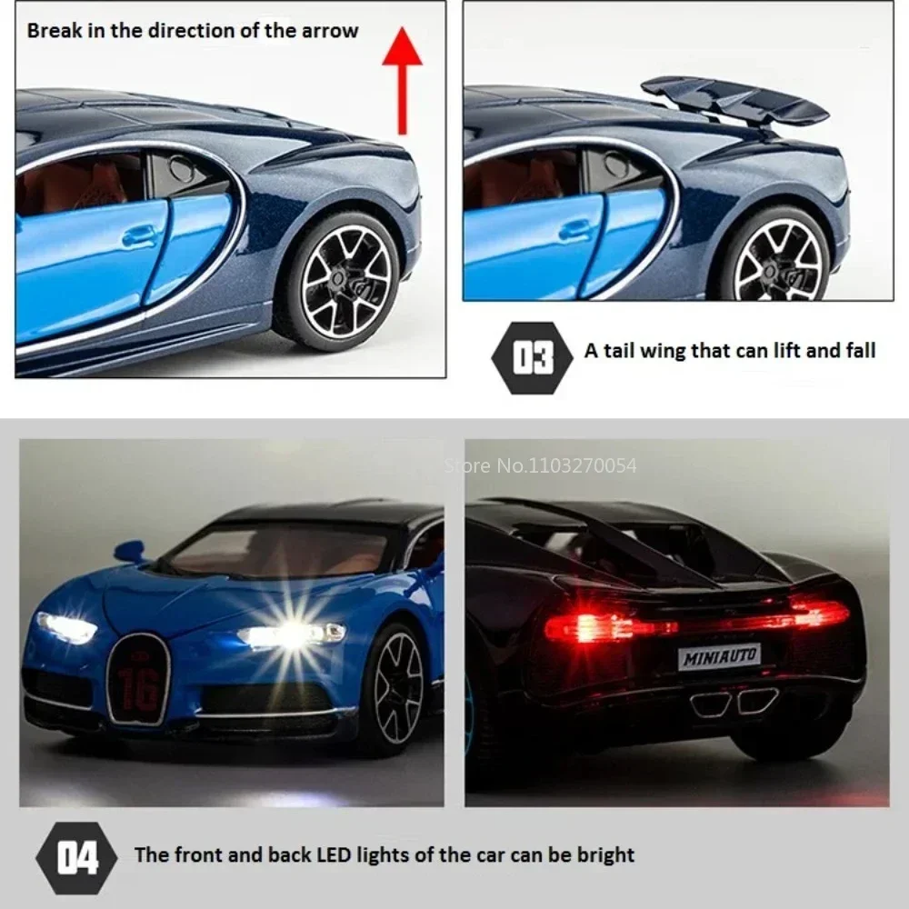 1/32 Bugatti Chiron Alloy Sport Car Toy Models Diecast Metal Miniature Vehicles With Sound Light Pull Back Collectible Toys Cars