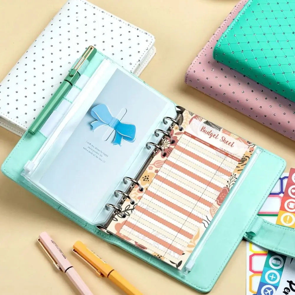 

Rainstone Patterned Cover Money Saving Binder Compact PU Leather Mini Budget Binder A6 Tear Resistant Savings Challenges Book