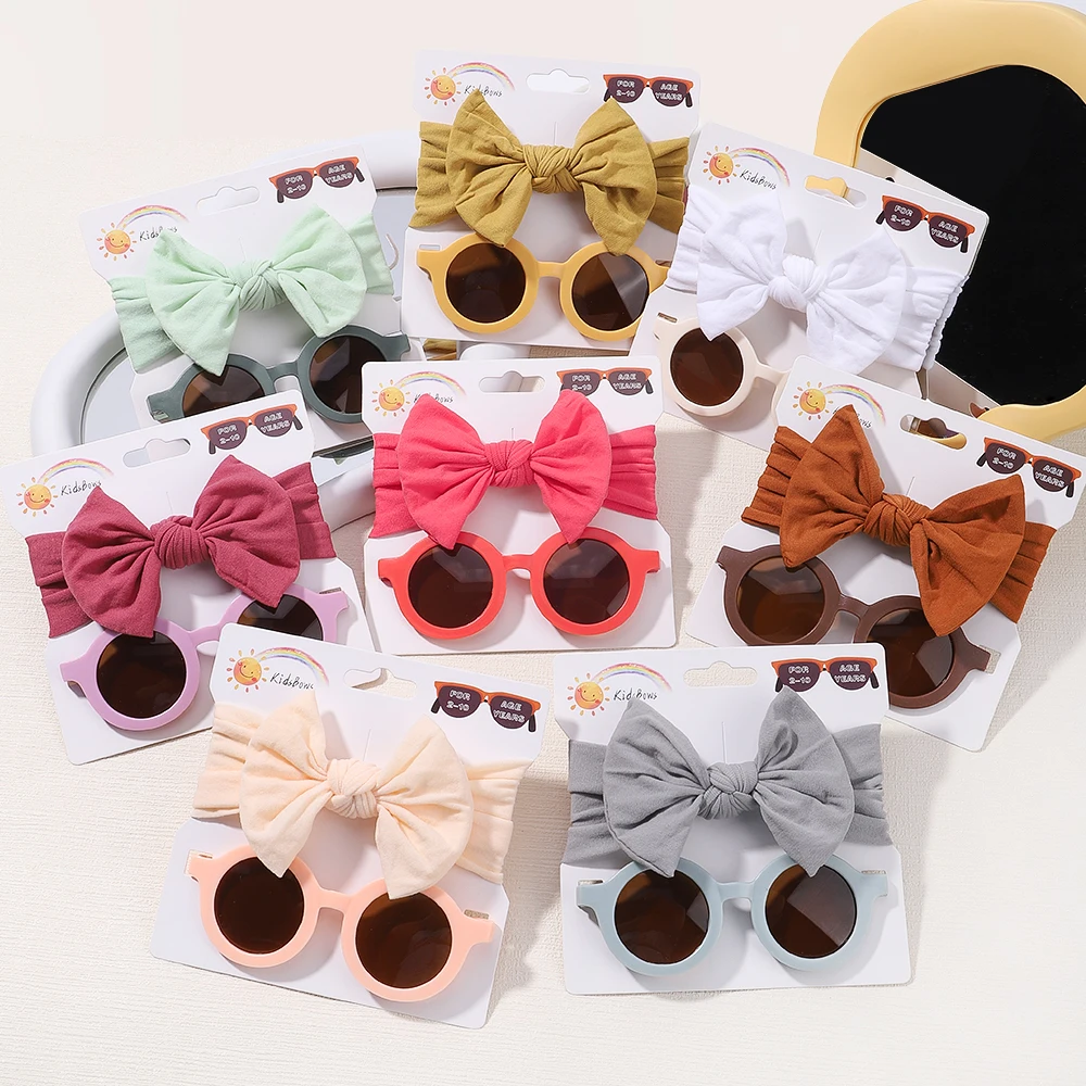 

2pcs/Set Fashion Nylon Headband For Kids Girls Newborn Headwear Baby Hair Accessories Cartoon Round Flower Sunglasses with Band