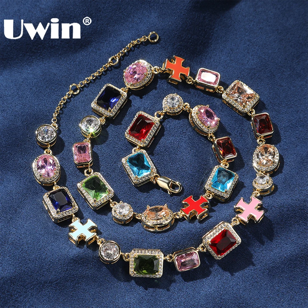 UWIN Iced Mix Color Gemstones Chain Necklaces for Women Men Fashion Je...