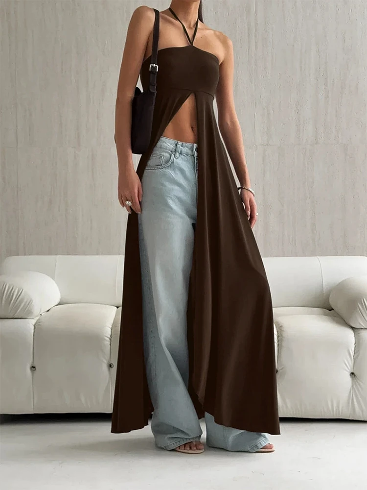 Vrouwen elegante halter strapless lange jurk sexy split effen kleur straat feestjurk mode hoge taille mouwloze maxi-jurken