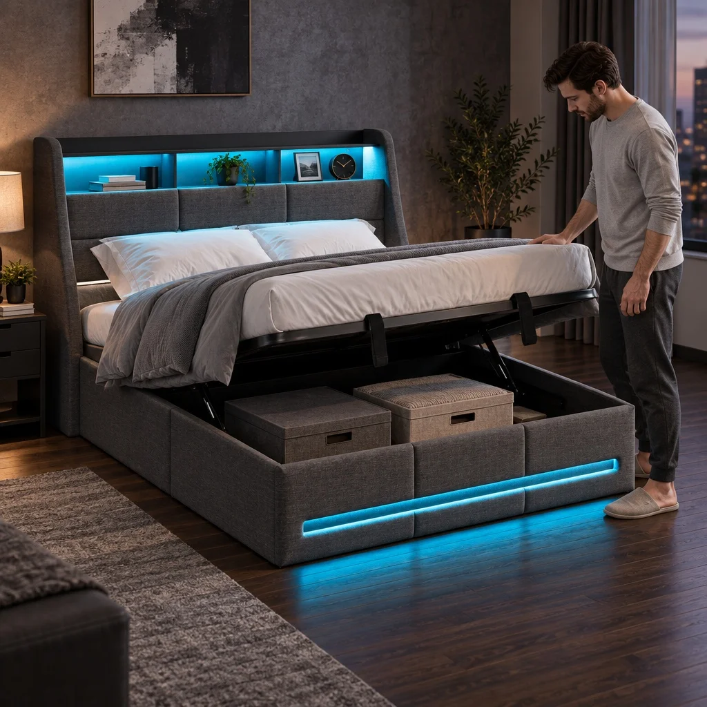 Comanlai, letto con sistema di stoccaggio idraulico, struttura letto matrimoniale, area per dormire 160 x 200 cm, con testiera con vano contenitore e rete a doghe, letto matrimoniale per giovani,