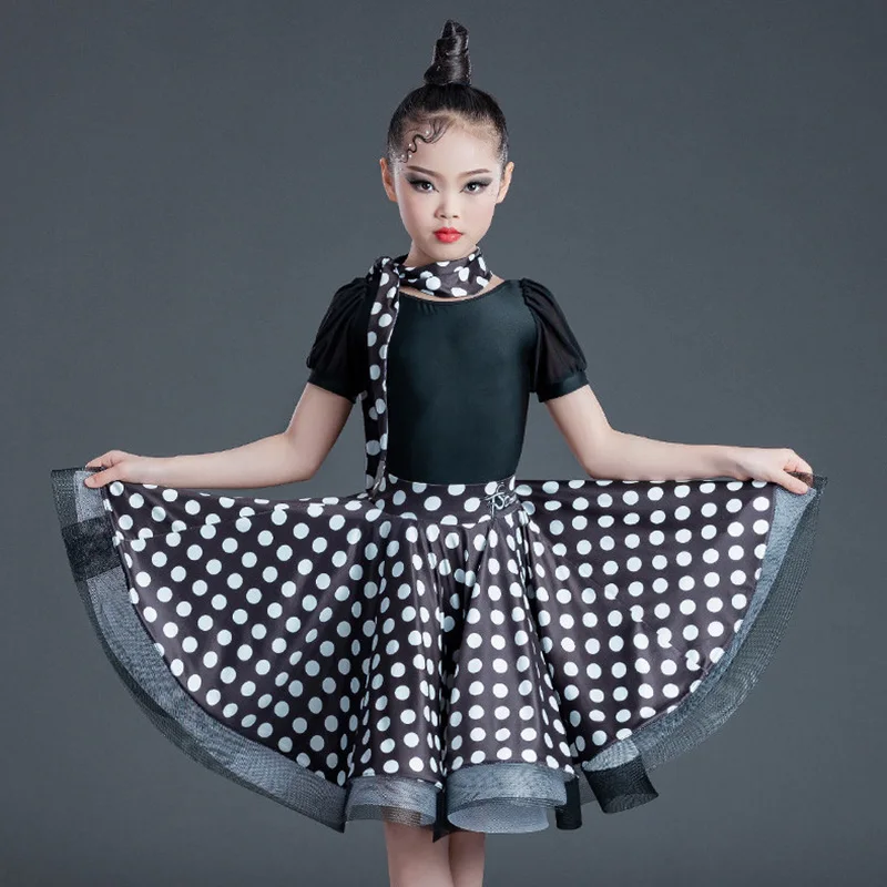 

Костюм для латиноамериканских танцев для женщин и детей: комплект для выступлений с пышной юбкой в горошек для соревнований
