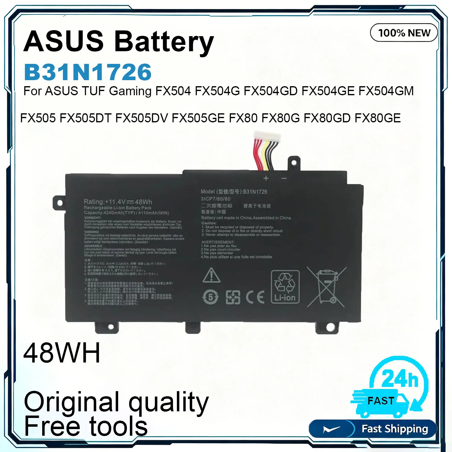 New B31N1726 Laptop Battery For ASUS TUF Gaming UX430UQ UX430UN UX430UA U4100U U4100UN  FX504 FX504G FX504GD FX504GE FX504GM