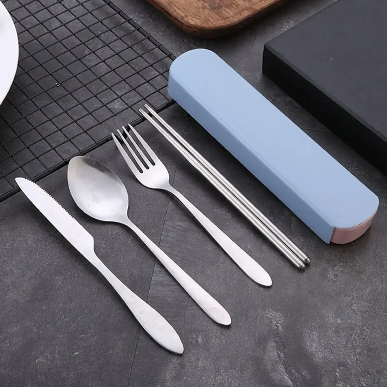 

1Set Stainless Steel Chopsticks Spoon Fork Steak Knife with Storage Case Travel Camping Cutlery Set Portable Tableware