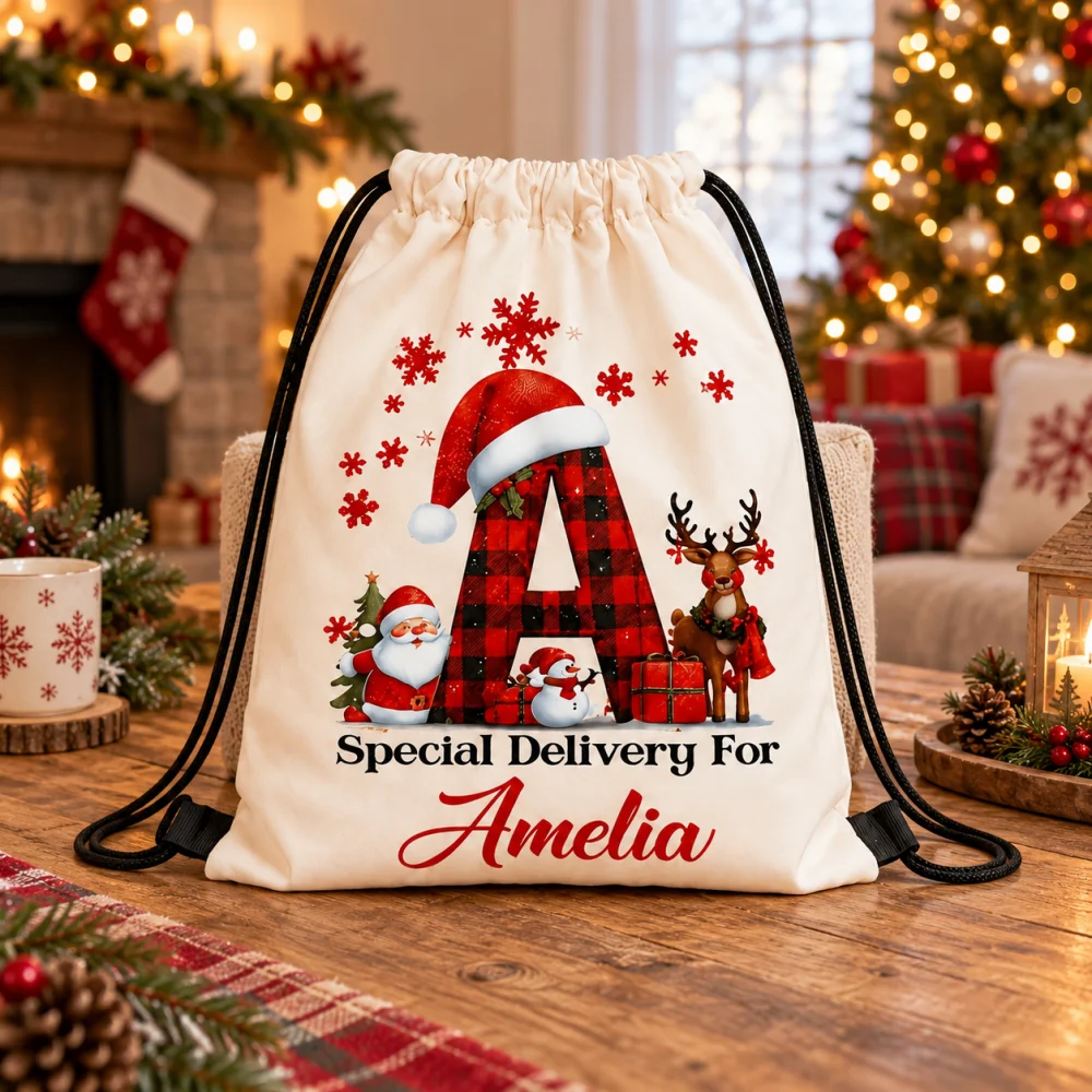 Personalized Custom Name Initial Drawstring Bag,Christmas Plaid Alphabet Backpack for Xmas Holiday Gift Party Storage