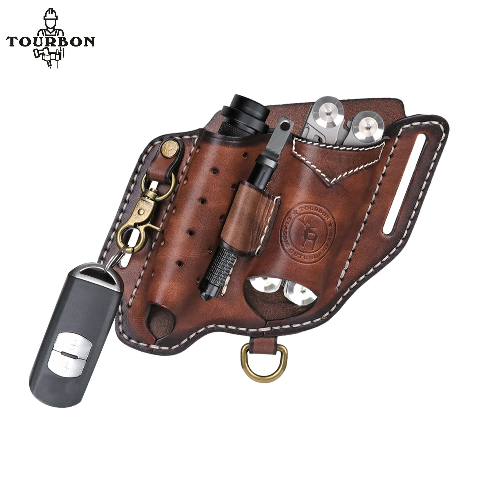 Tourbon Leather EDC Pocket Organizer for Folding Knife Flashlight Holder Mini Knife Pouch Key Chain Multitool EDC Carrier