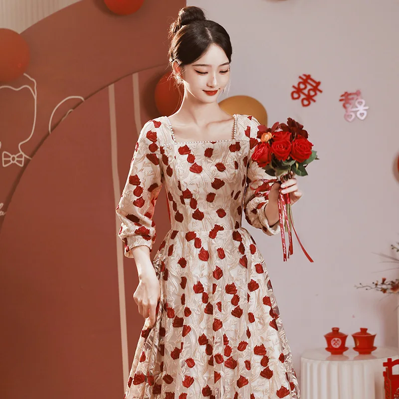 

Women's Long Sleeved Rose Evening Dress New Autumn Winter Wear Back Home Casual Dress Small Engagement Wedding Bride Dresses