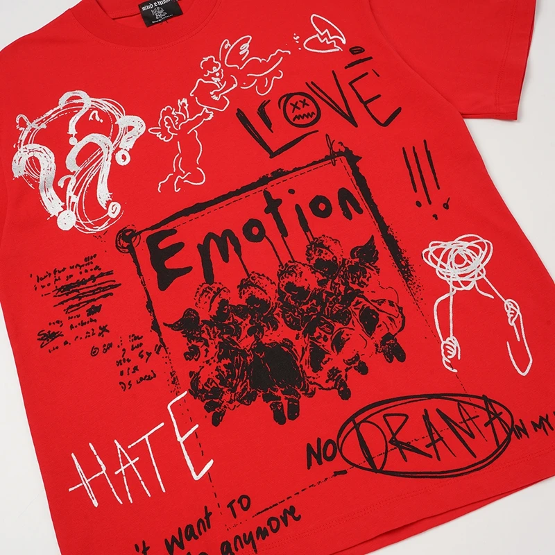 High-Street-Punk-Graffiti-Engel-Print T-Shirts für Männer, Übergroße Rote Kurzarm-Grafik-Tops, Lässige Kleidung aus Baumwolle für den Sommer – Detail 10