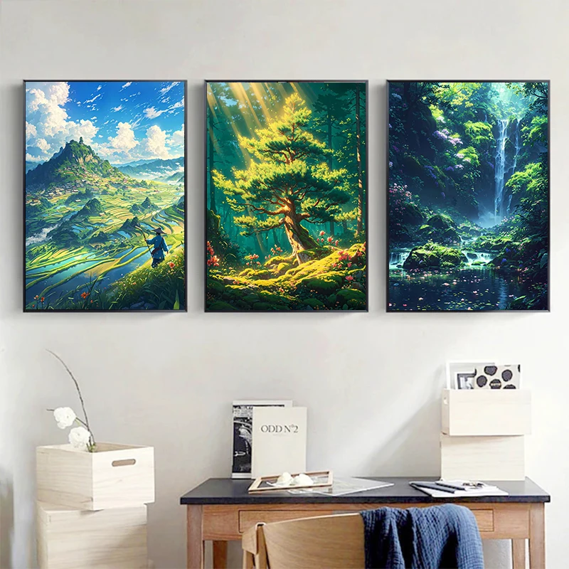 Classic Rustic Vibrant Valley Wildflower Forest Mountains Fairyland Landscape Posters Canvas Painting Nature Wall Art Home Decor