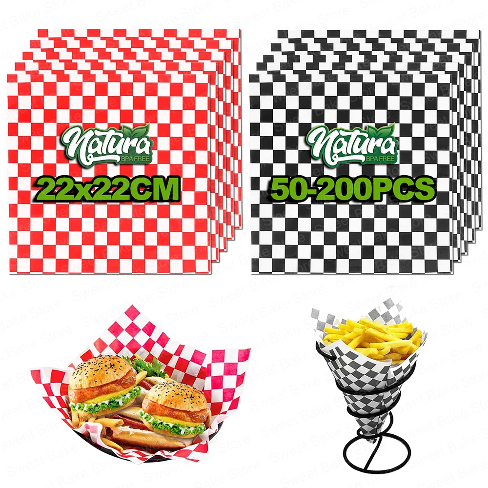 50-200 hojas de revestimientos para cestas de deli a cuadros, tapete para hornear a prueba de grasa, papel para hamburguesas, papeles encerado para alimentos, queso, sándwich, patatas fritas