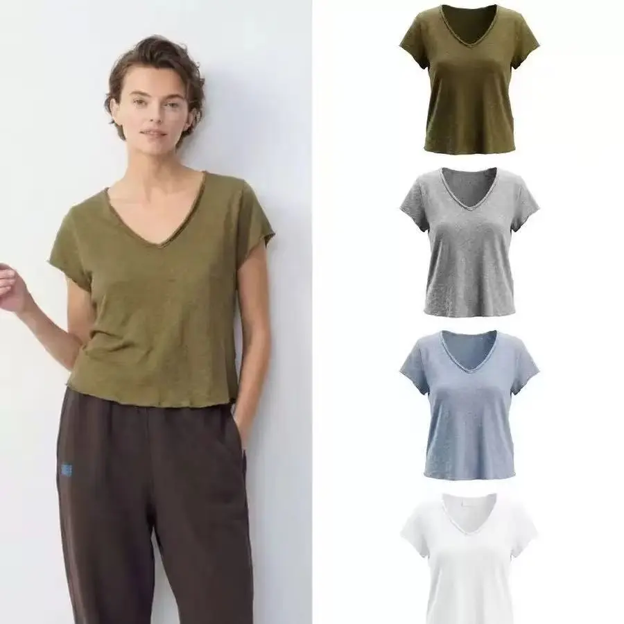

AM niche design V distressed casual T-shirt, fashionable V-neck frayed short sleeve design, suitable for girls to wear women t s