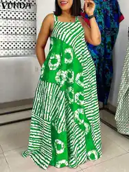 2024 VONDA Printed Summer Oversize Maxi Dress Sexy Sleeveless Bohemian Party Sundress Tank Long Vestidos Casual Loose Beach Robe