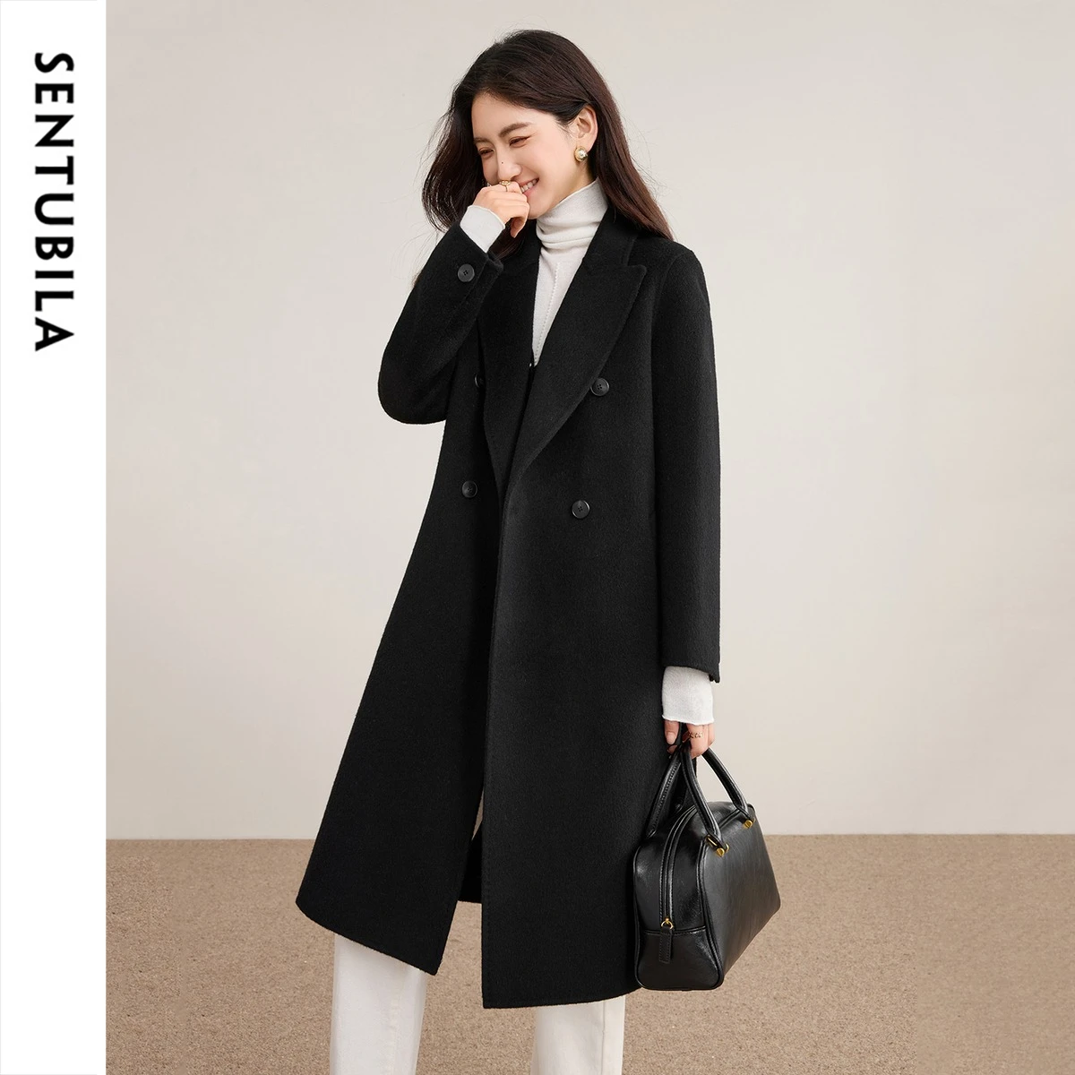 SENTUBILA Women Double‑Faced Wool Coat Loose Belted Double‑Breasted Long Outerwear Winter Elegant Commuter Overcoat W54OA8783