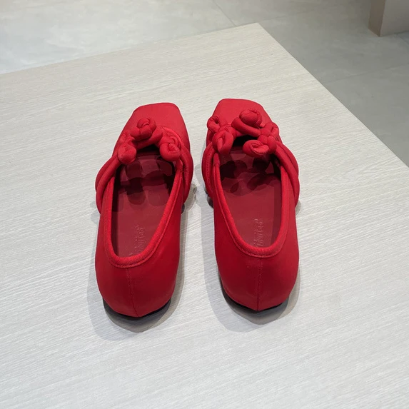 Chinese Knot Ballet Flats for Women Black Red Satin Square Toe Pumps Loafers Summer New Soft Sole Comfortable Casual Shoes