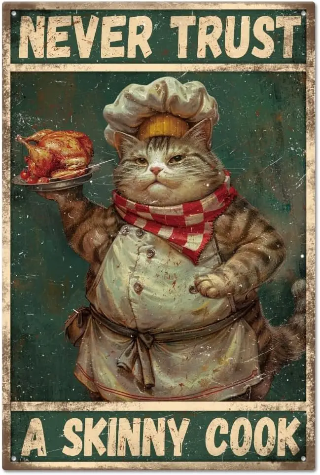 Never Trust A Skinny Cook Funny Chef Cat Metal Tin Sign /30x20cm Kitchen Art Plaque Poster Wall Decor for Home Kitche