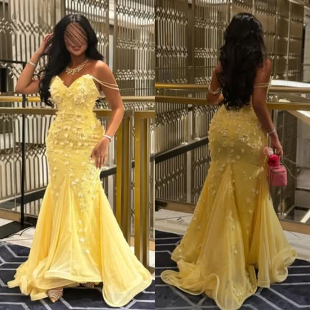 

High Quality Customized V-neck Floor Length Yellow Sleeveless Yellow Appliques Sweep Train Elegant Dress Women for Wedding Party