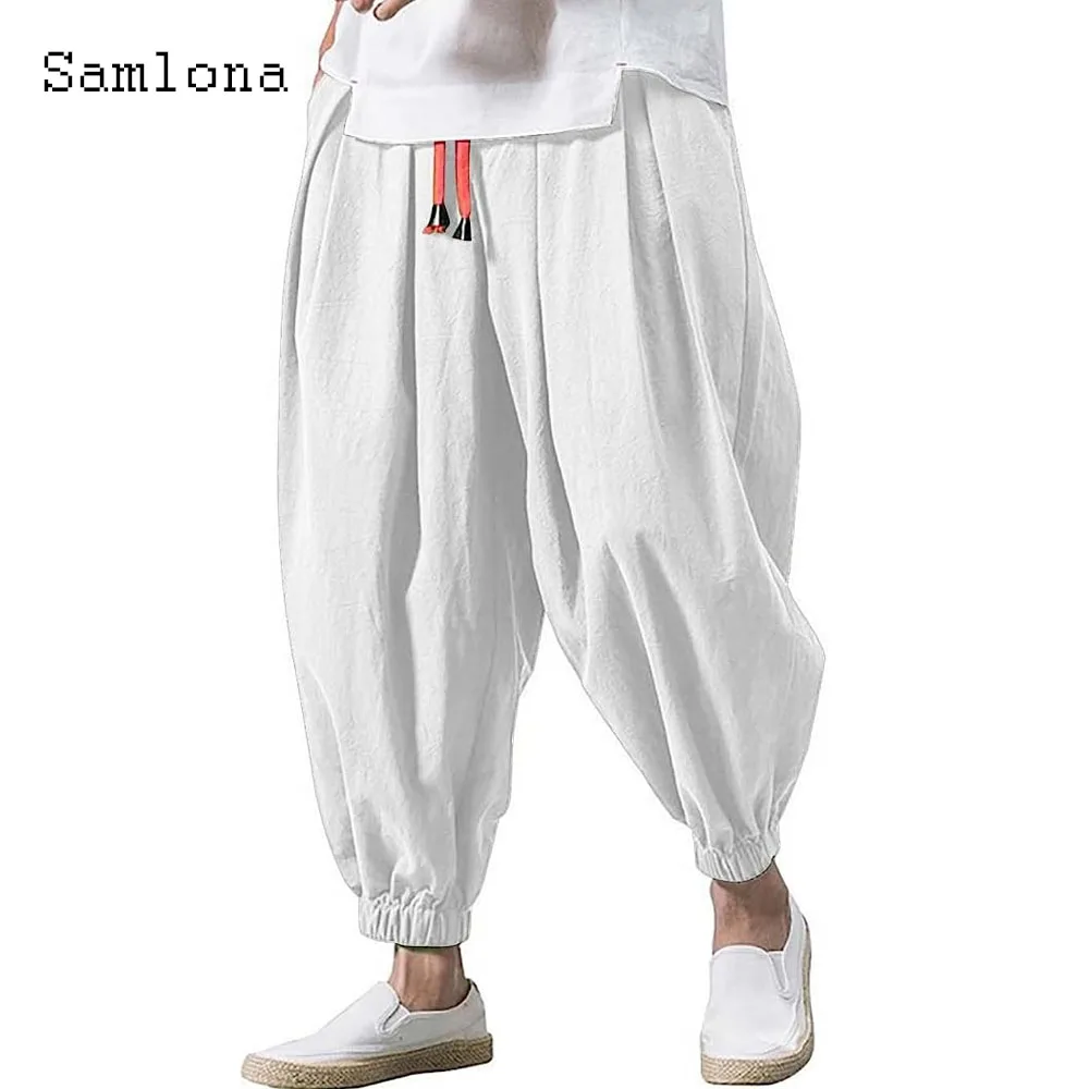 2024 Men Elegant Fashion Cotton Linen Bloomers Solid Khaki Pink Wide Leg Trouser Plus Size 5xl Mens Casual Drawstring Sweatpants