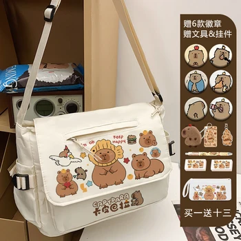 Nieuwe capibara cartoon schoudertas met grote capaciteit, modieuze tiener school canvas messenger bag
