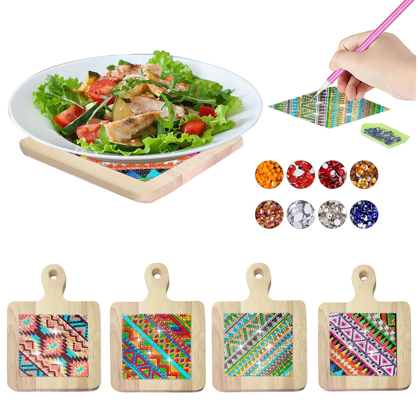4 DIY-Diamant-Malerei-Sets mit Mandala-Motiv, runde Anti-Rutsch-Teematten aus Holz, geeignet für Brettstützen in Küche und Wohnzimmer