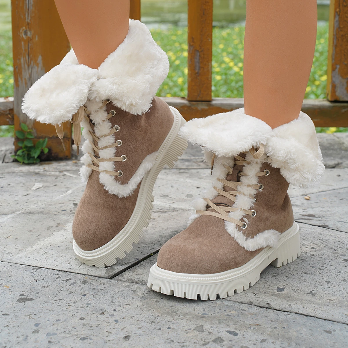 Thicken Plush Snow Boots Women Winter Faux Fur Platform Ankle Boots for Woman Mid-calf Lace-up Thickened Cotton Shoes Woman