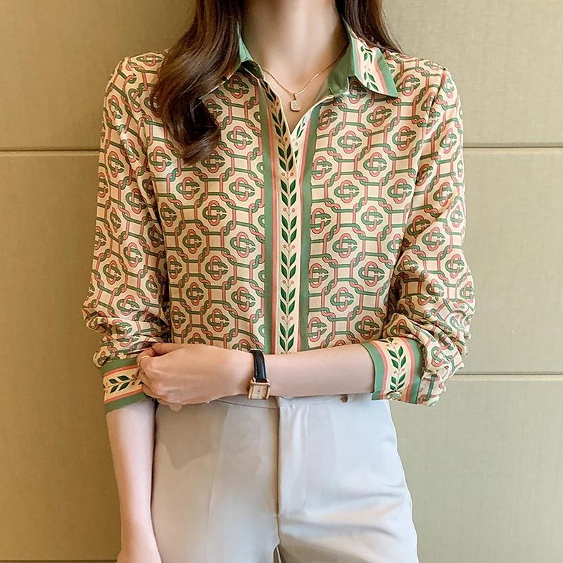 New elegant printing ladies shirts women blouses 2023 Spring Summer Long sleeve turn-down collar tops female Mujer blusas