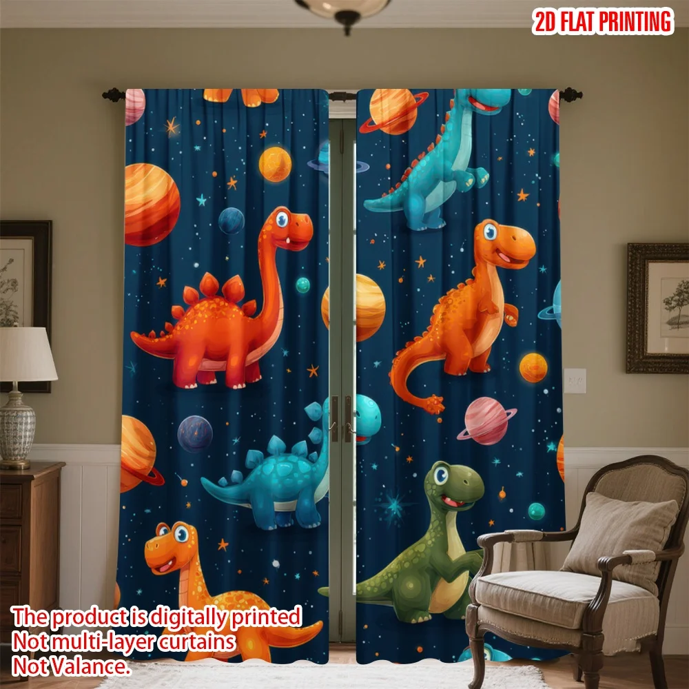 

2D flat printing 2pcs Window Curtains Dinosaurs in Space Digital Printed Polyester Drapes Family Party Decoration Perfect for