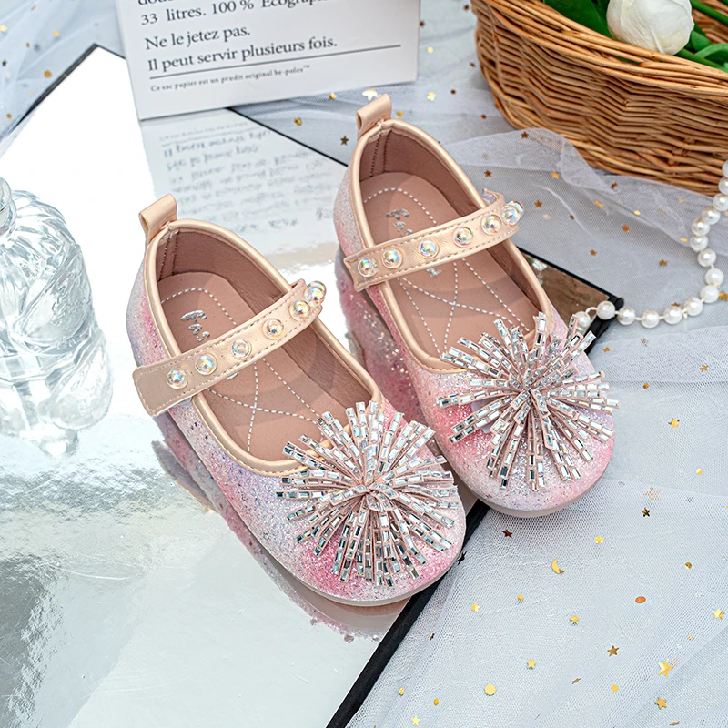 Toddler Girls Princess Flat Shoes, Glitter Gradient Mary Jane Dress Sparkly Rhinestone Bow, Ballet Flats Party Wedding Birthday