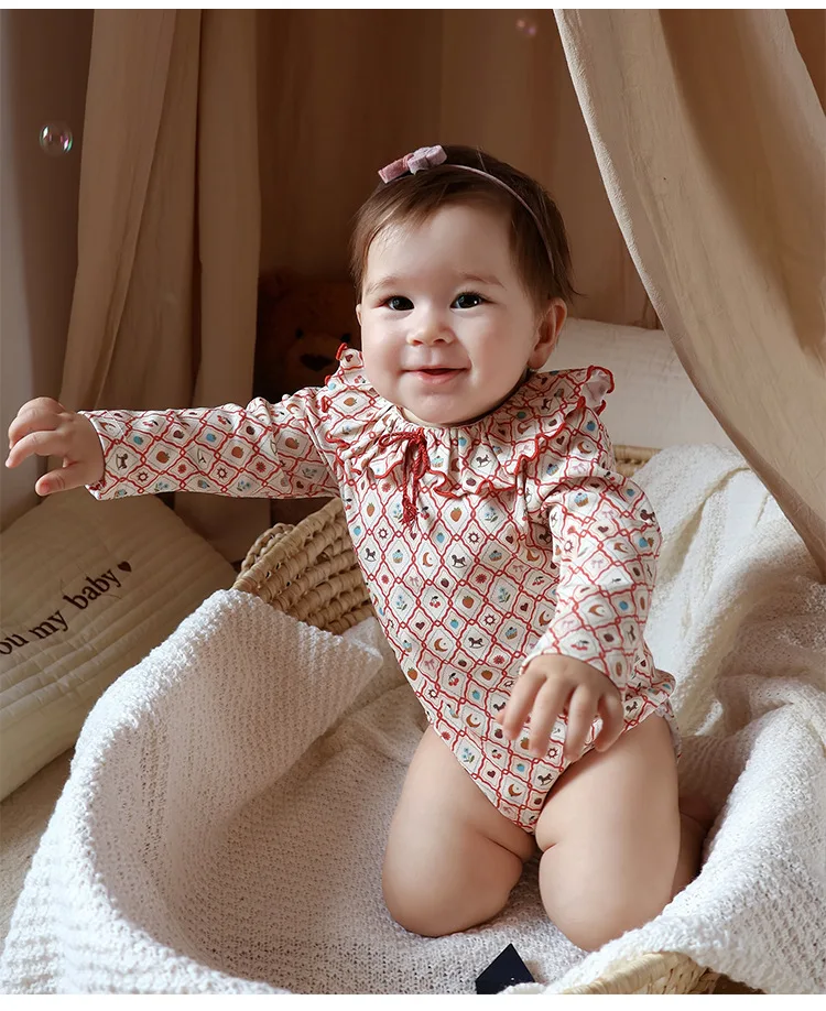 Baby Girls Pure Cotton Bodysuit Newborn Cute Print Long Sleeve Bow Ruffle Neck Onesie Infant One-piece Rompers Toddler Clothing 5
