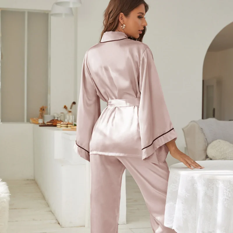 2 Piece Set Women Pajamas Satin Sleepwear Long Flared Sleeve and Long pant Fallow V-Neck Collar Casual Night Suits