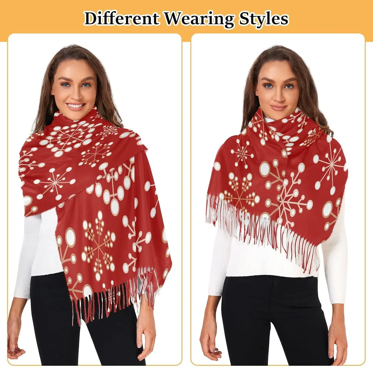 クリスマス雪片女性ラップパシュミナショール、冬暖かいロングスカーフ、タッセル付き、イブニングドレス結婚式用