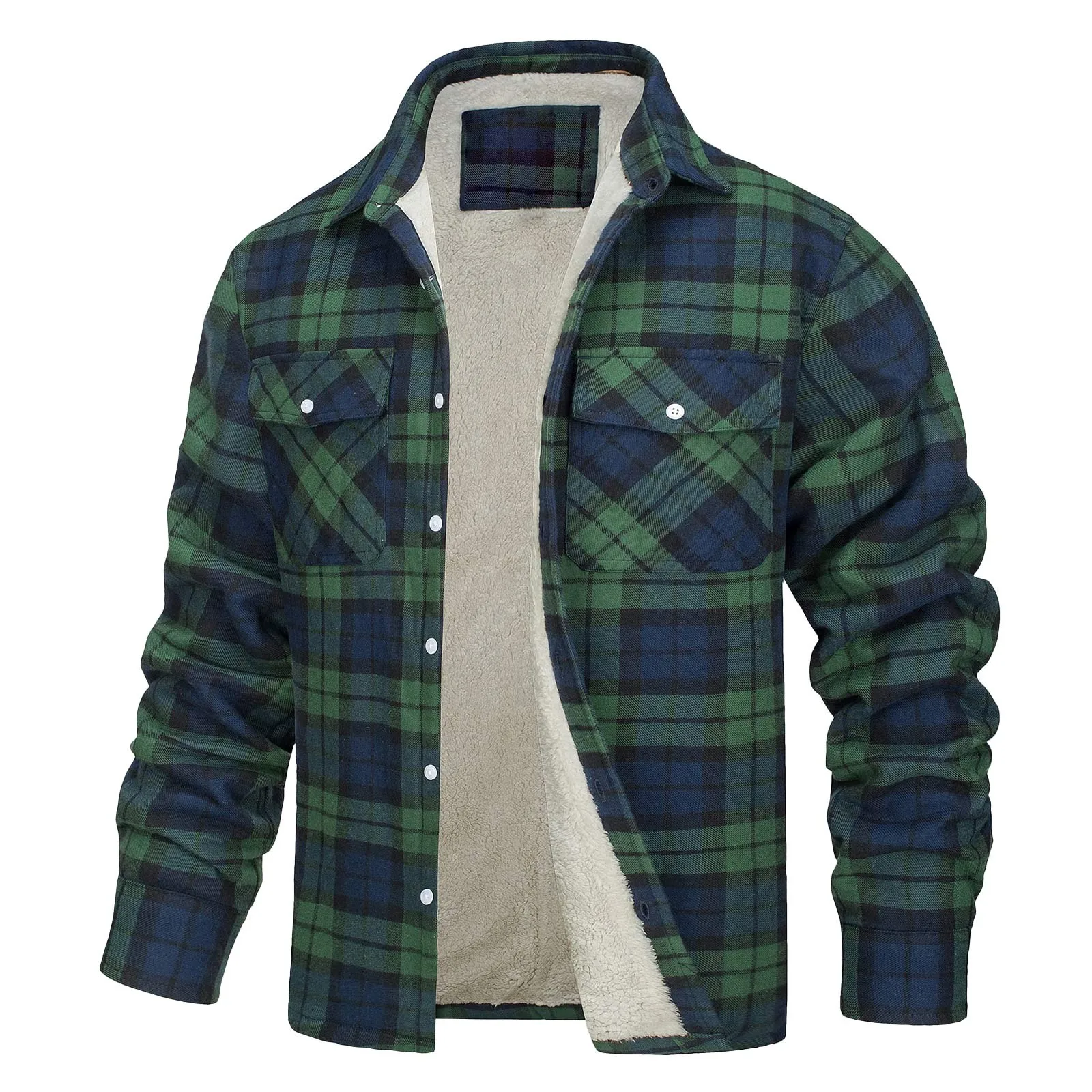 Winter Men's Plaid Coat Fleece Thicked Lapel Jacket Single-breasted Pocket Outwear Male Padded Shirt Men Casual Warm Coat