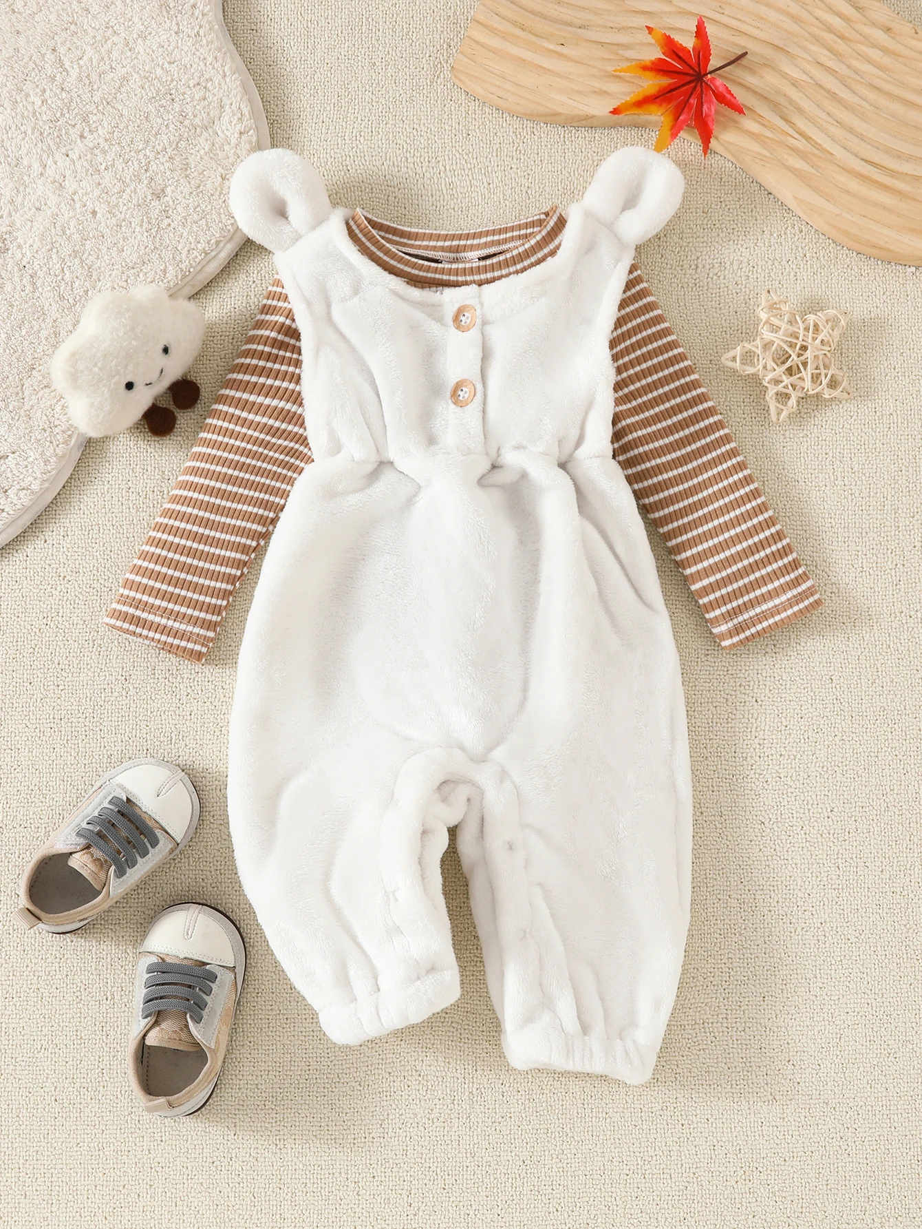 

Winter Thickeneded Plush for Baby Girls Aged 3-24 Months, Warm, Soft and Cute One-Piece Suspender Pants and Rompers with Stripesd Round Neck Long-Sleeved Tops Casual 2-Piece Set