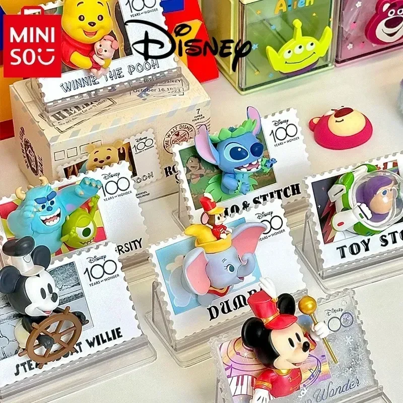 Genuine MINISO Disney 100th Anniversary Retro Stamp Blind Box Trendy Ornament Magnetic Sticker Birthday Commemorative Gift