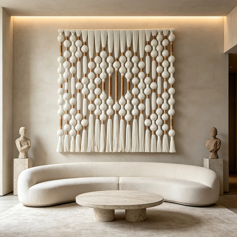 tt& Factory Direct Large Beige Spherical Macrame Wall Art Sculpture with Wood Rod for Hotel Lobby and Luxury Villa Living Room~*