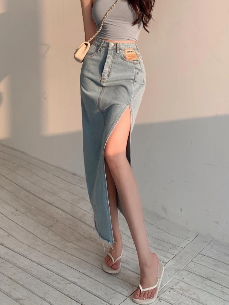 

Slim Korean Style Jean Slit Midi Skirt Summer Fashion Girl Long Denim Skirt Vintage Women Solid High Waist A-LINE