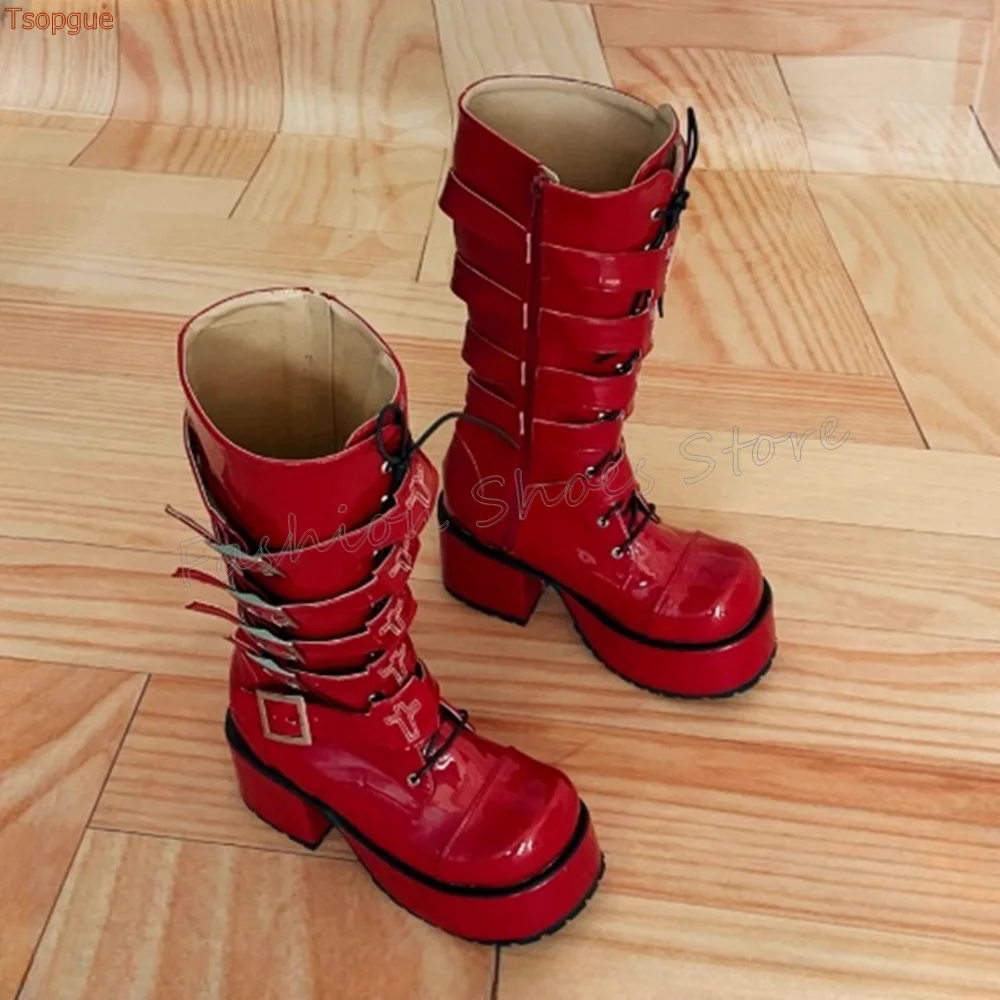 สีแดงซิปด้านข้างหัวเข็มขัดตกแต่งรองเท้ารอบ Toe Chunky รองเท้าส้นสูงรองเท้าส้นสูงรองเท้าผู้หญิงเซ็กซี่รองเท้าส้นสูง 2025 ใหม่ Zapatos Para Mujere