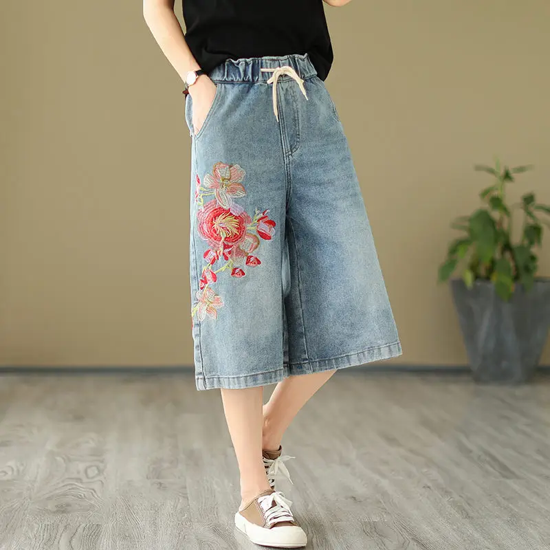 Imagem -03 - Jeans Jeans Soltos para Mulheres Roupas Novas de Verão Estilo Étnico Bordado Flor Perna Larga Saia Z2213 2023