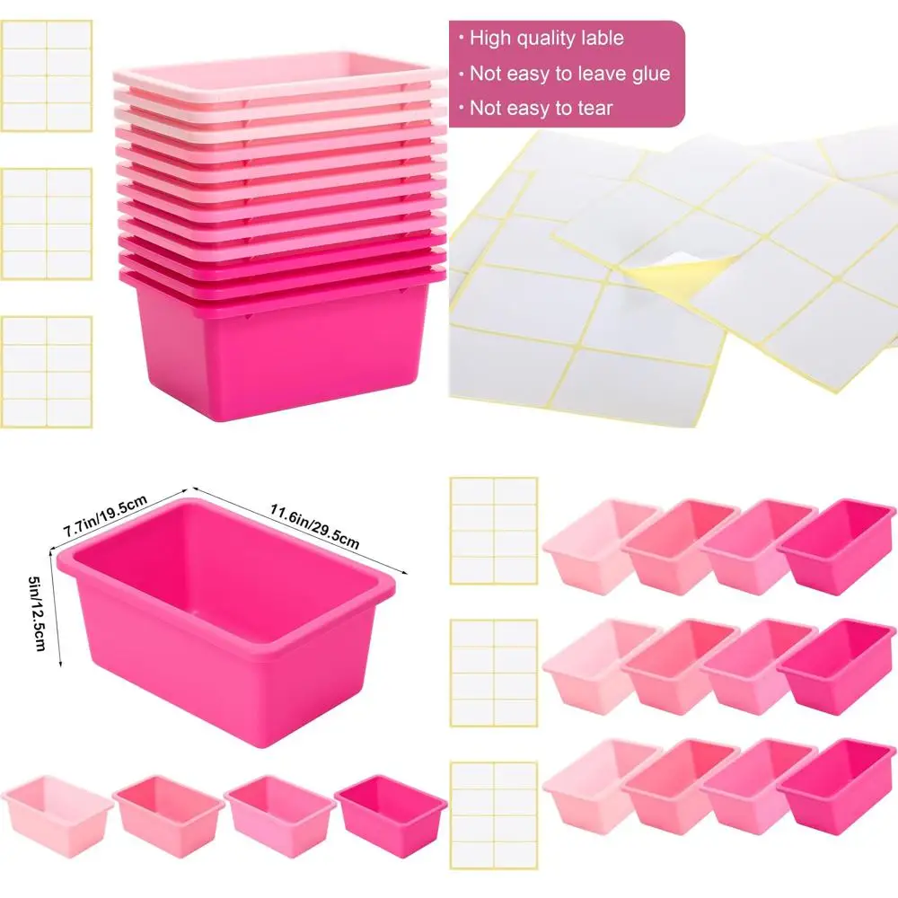 

12-Piece Pink Plastic Storage Bins with Labels for Classroom, Office, School, and Home Organization