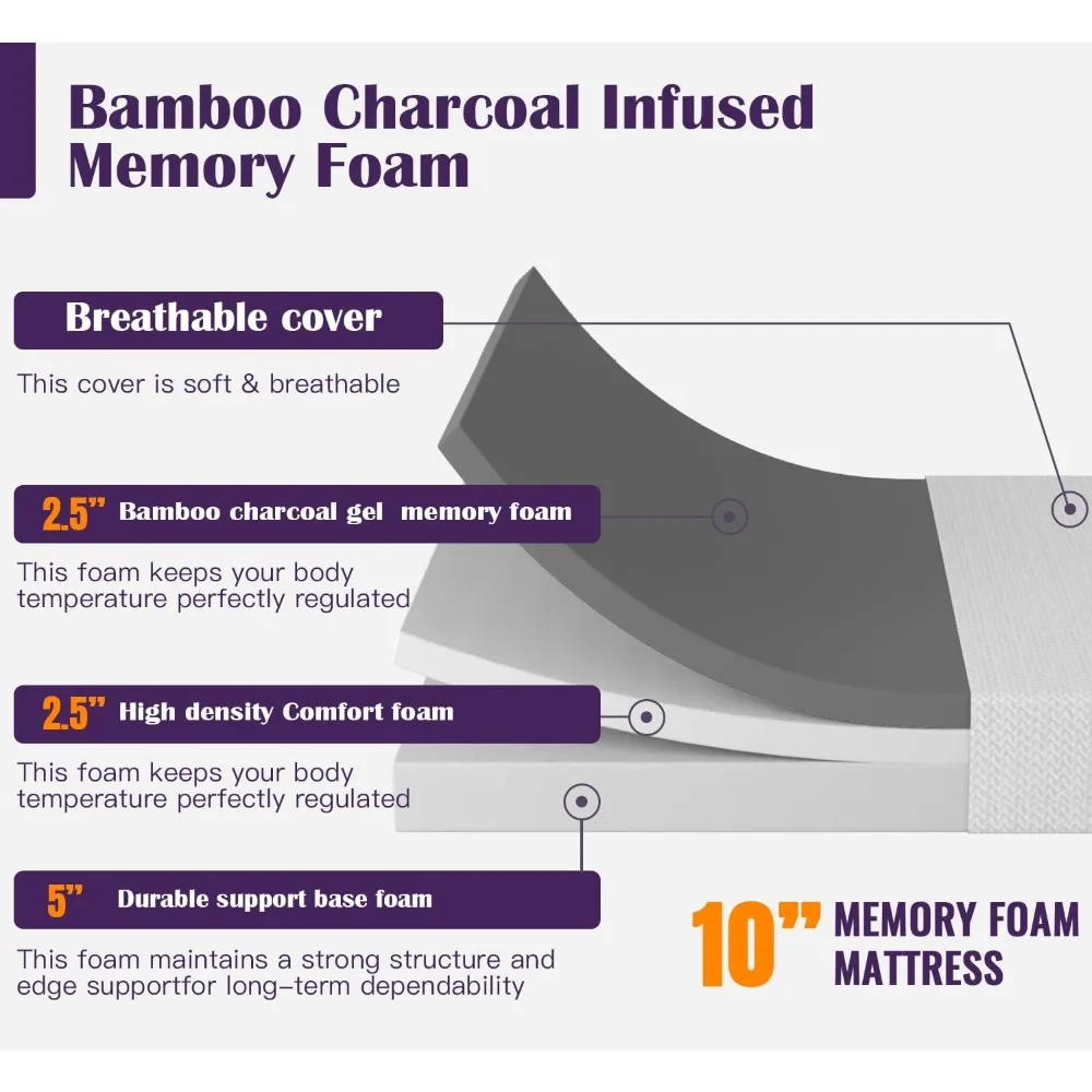 10 Inch Bamboo Charcoal Gel Memory Foam Mattress CertiPUR-US Certified Removable Soft Cover Twin mattresses for Bed Frame