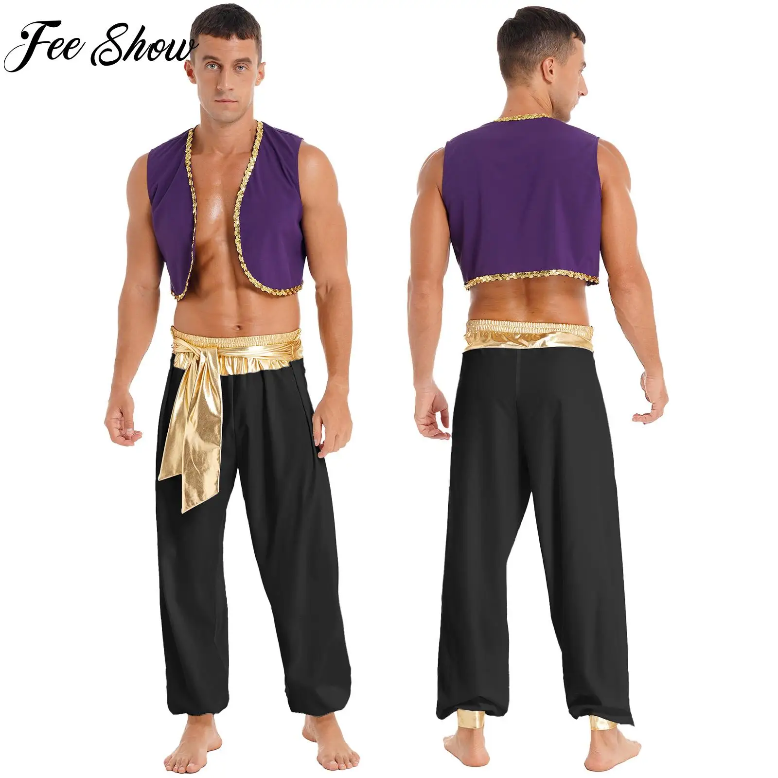 

Men's Arabic Prince Costumes Shiny Sequin Trim Waistcoat with Belted Pants Outfits Halloween Cosplay Fancy Dress Performance Set