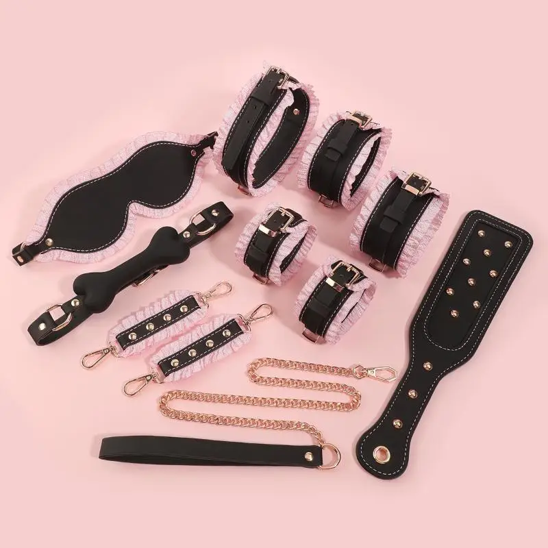 1/6Pcs White BDSM Bondage Set Maid Role Play Restraints Kit SM Fetish Toys with Handcuffs Slave Collar Blindfold for Games