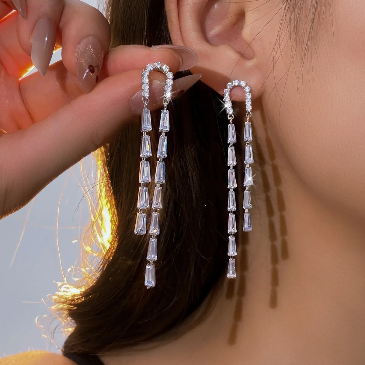 Silver Needle Diamond Zircon U-Shaped Tassel Earrings Niche Design Earrings Fashion Temperament Cross-border Earrings Women's Hi