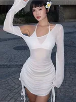 Women's Solid Skew Collar Ruched Straps Lace-Up See through Draw String Mini Dress Summer 2025 Party Clubwear - Image 4