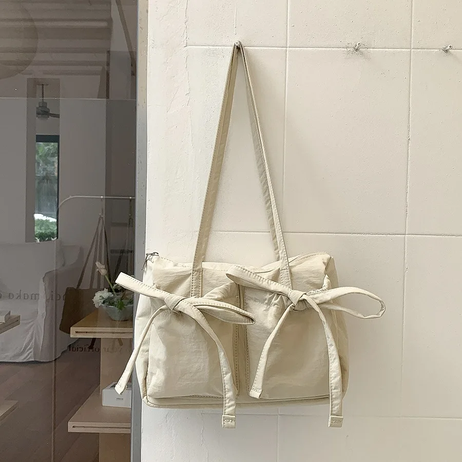 Sweet Girls Bowknot Nylon Shoulder Women Bag Korean Niche Design Bow Summer Travel Beach Bag Female Totes Bags for Women Handbag