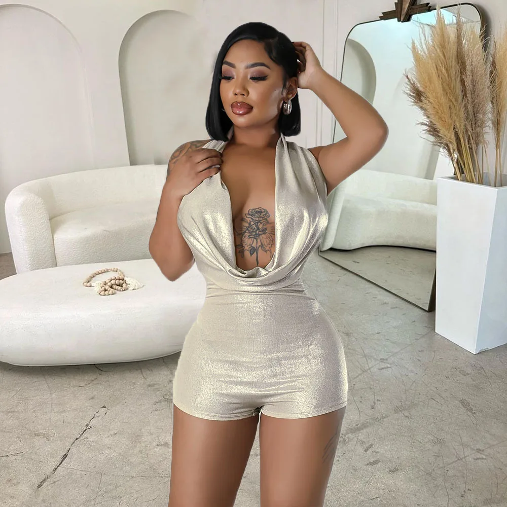 2024 Summer Metallic Backless Spicy Girls Slim Rompers Women Sexy Halter Sleeveless Swinging Collar Bodycon Playsuits Streetwear